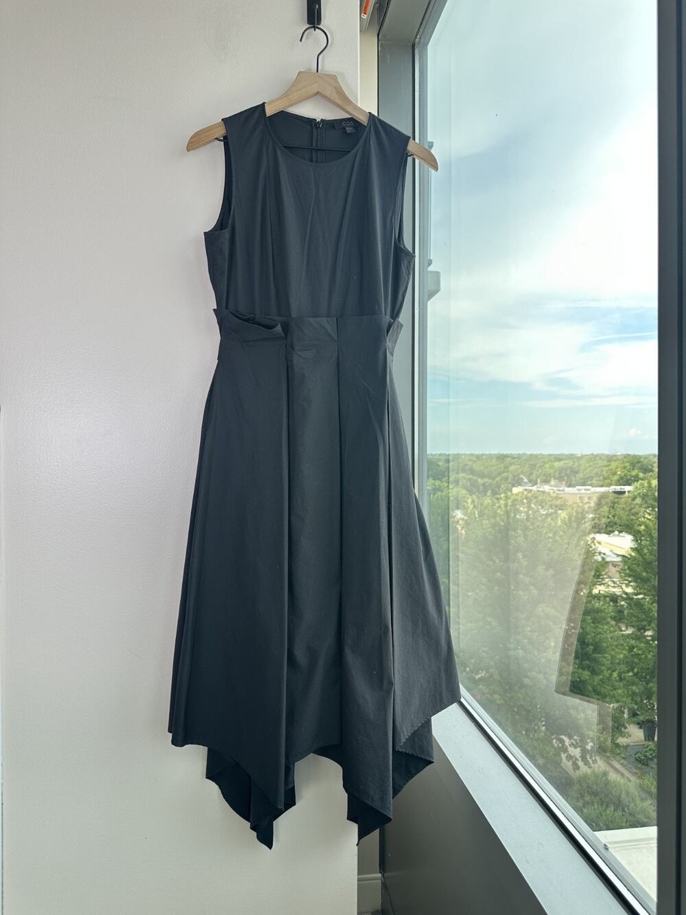 COS Poplin Pleated Tie Waist Asymmetric Black Cotton Blend Midi Dress US Sz 4-6